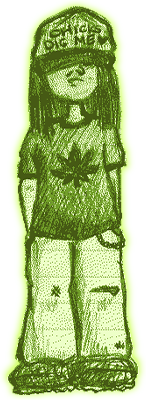 A sketched, cartoonish image of a long-haired girl wearing a baggy t-shirt, jeans with a wallet chain, and a baseball cap that reads 'Chicks Dig Me'.