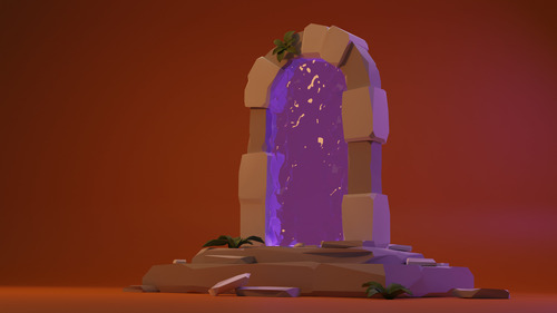 A low-poly-style 3D model (taken from a lower angle) of a stone arch containing a gooey, purple portal in front of a flat orange background.
